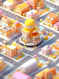 微型城市现代建筑橘黄色矢量插画