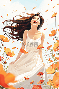 橘色的背景插画图片_妇女节鲜花女人插画手绘海报