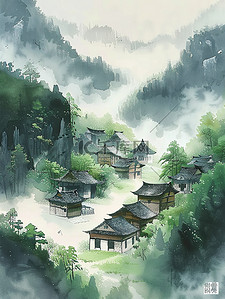 朦胧中插画图片_朦胧云雾中的村庄素材
