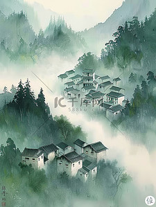 朦胧云雾中的村庄插画设计