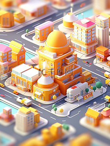 微型城市现代建筑橘黄色原创插画