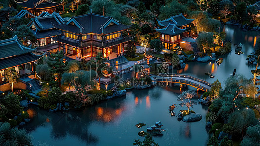 中国古代建筑小桥流水模型插画