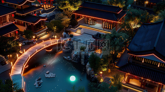 中国古代建筑小桥流水模型插画图片
