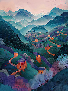 高山下村庄线条霓虹插画图片