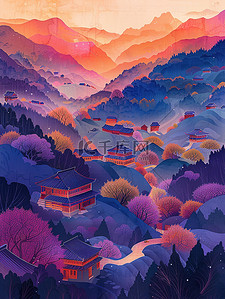 高山下村庄线条霓虹插画设计