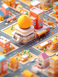 微型城市现代建筑橘黄色插画设计