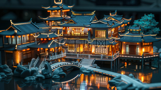 水分子球棍模型插画图片_中国古代建筑小桥流水模型图片
