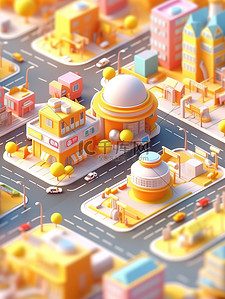 橘黄色三角形插画图片_微型城市现代建筑橘黄色图片