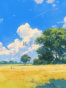 平坦插画图片_户外平坦的草原蓝天白云插画素材