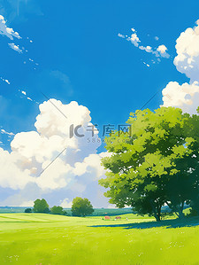 平坦插画图片_户外平坦的草原蓝天白云素材