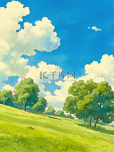 户外平坦的草原蓝天白云插画素材