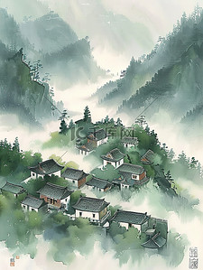 朦胧云雾中的村庄插画