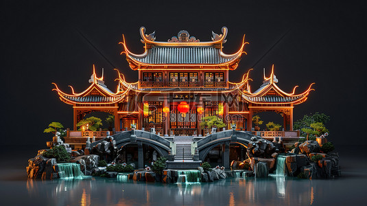 中国古代建筑小桥流水模型插画海报