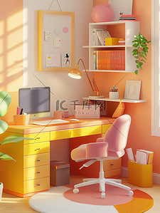 书房橘黄色明亮的房间插图