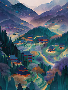 高山下村庄线条霓虹插画