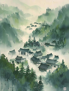 朦胧云雾中的村庄插画海报