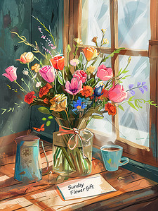 春天花瓶插花窗台阳光插画