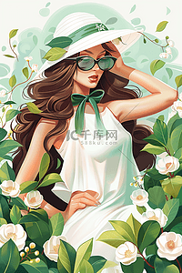 绿色蝴蝶结插画图片_妇女节时尚女人插画手绘海报