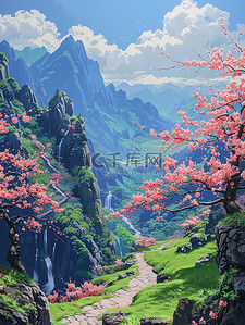 春天盛开的桃花插画图片_春天桃花盛开的山野小路素材