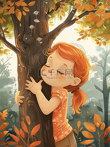 ai矢量植物插画图片_可爱的小女孩抱着一棵树矢量插画
