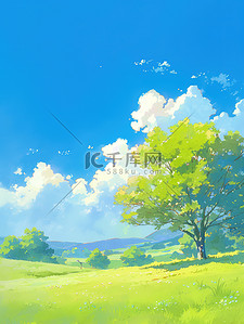 平坦插画图片_户外平坦的草原蓝天白云插画设计