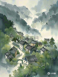 朦胧中插画图片_朦胧云雾中的村庄插画图片