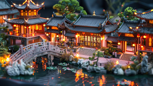 中国古代建筑小桥流水模型插画设计