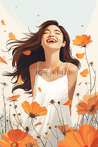 橘色的背景插画图片_插画妇女节鲜花女人手绘海报