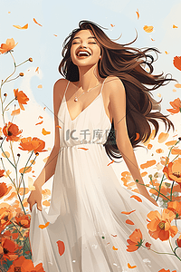橘色的背景插画图片_妇女节鲜花手绘女人插画海报