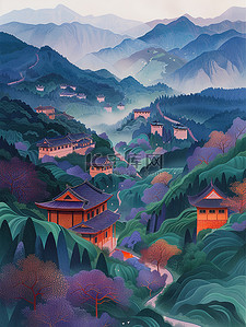 高山下村庄线条霓虹插图