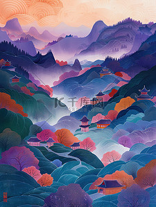 线条点插画图片_高山下村庄线条霓虹插画