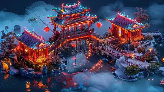 水分子球棍模型插画图片_中国古代建筑小桥流水模型原创插画