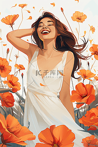 橘色的背景插画图片_妇女节手绘鲜花女人插画海报