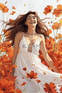 橘色的背景插画图片_妇女节鲜花女人手绘插画海报