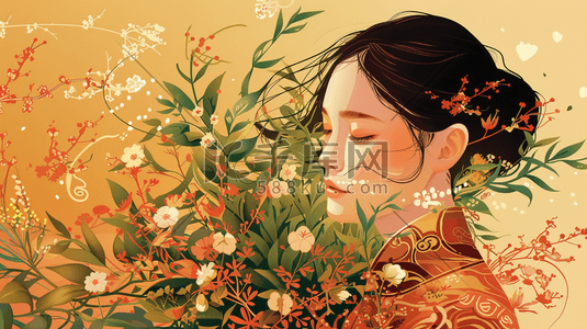 春季花丛中美女插画