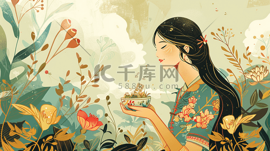 美女装饰插画图片_春季花丛中美女插画