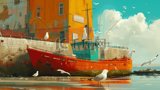 海鸥的插画图片_彩色手绘海上船只海鸥的插画6