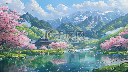 青山绿水春天桃花美景素材