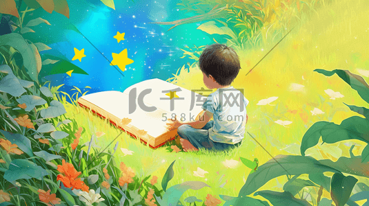 草地池塘边看书的小男孩插画3