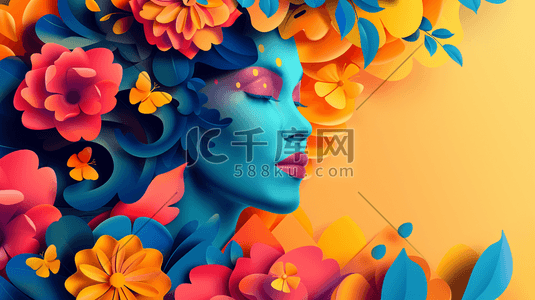 女神节音乐会插画图片_彩色时尚女神艺术头像戴着花朵的插画23
