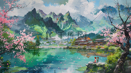 跳骚市场设计插画图片_青山绿水春天桃花美景插画设计