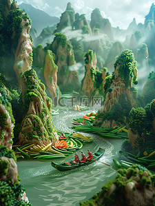蔬菜水果山河微缩景观插画设计
