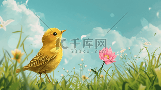 春天彩色卡通户外草坪上花草小鸟的插画13