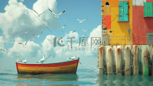船只插画图片_彩色手绘海上船只海鸥的插画5