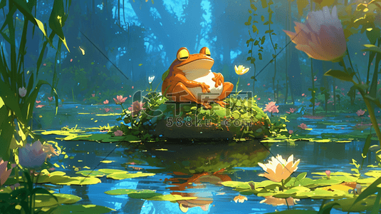 青蛙绿色插画图片_池塘石头上站着的青蛙插画5