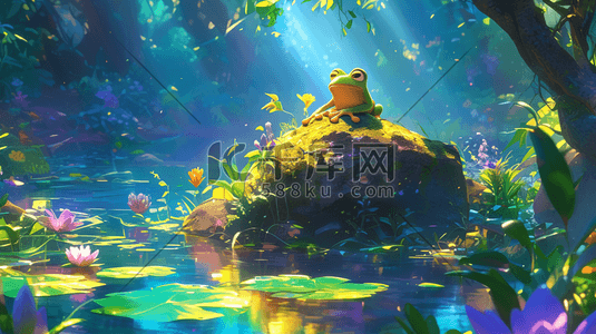 青蛙绿色插画图片_池塘石头上站着的青蛙插画1