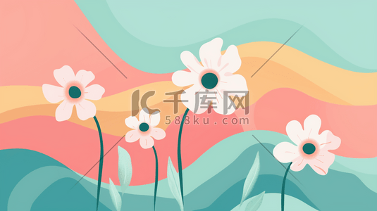 春季扁平化简约树叶花朵的插画2