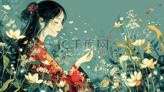 春季花丛中美女插画