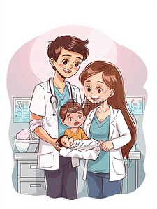 月子插画图片_医护人员接待新生儿和搀扶产妇
