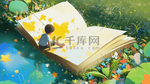 草地池塘边看书的小男孩插画9